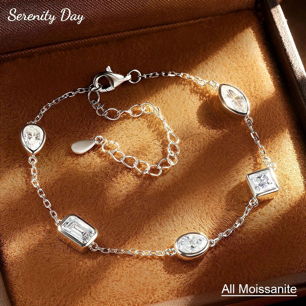 Serenity 2.5ct All Moissanite Bracelet for Women Gift D Color Marquise/Pear/Oval Cut Hand Chain 925 Sterling Silver Girl Jewelry