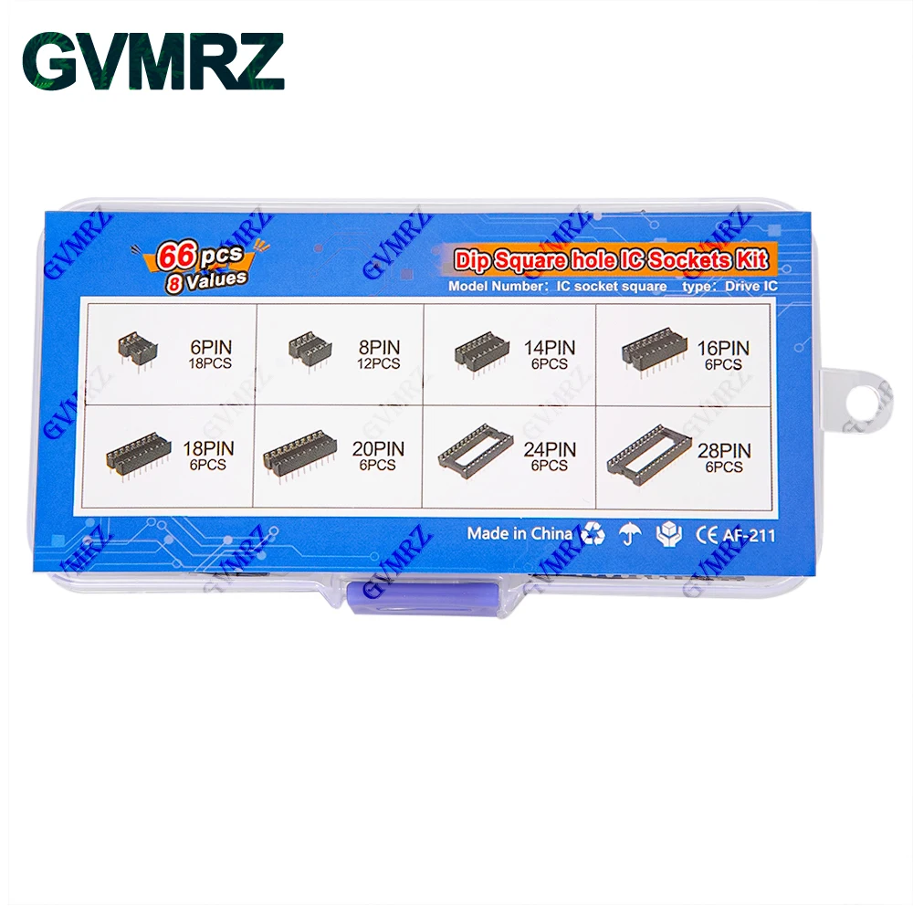 66PCS/lot with Box DIP IC Sockets Adaptor Solder Type Socket Kit 6 8 14 16 18 20 24 28 Pin DIP-6 DIP-8 DIP-14 IC Connector