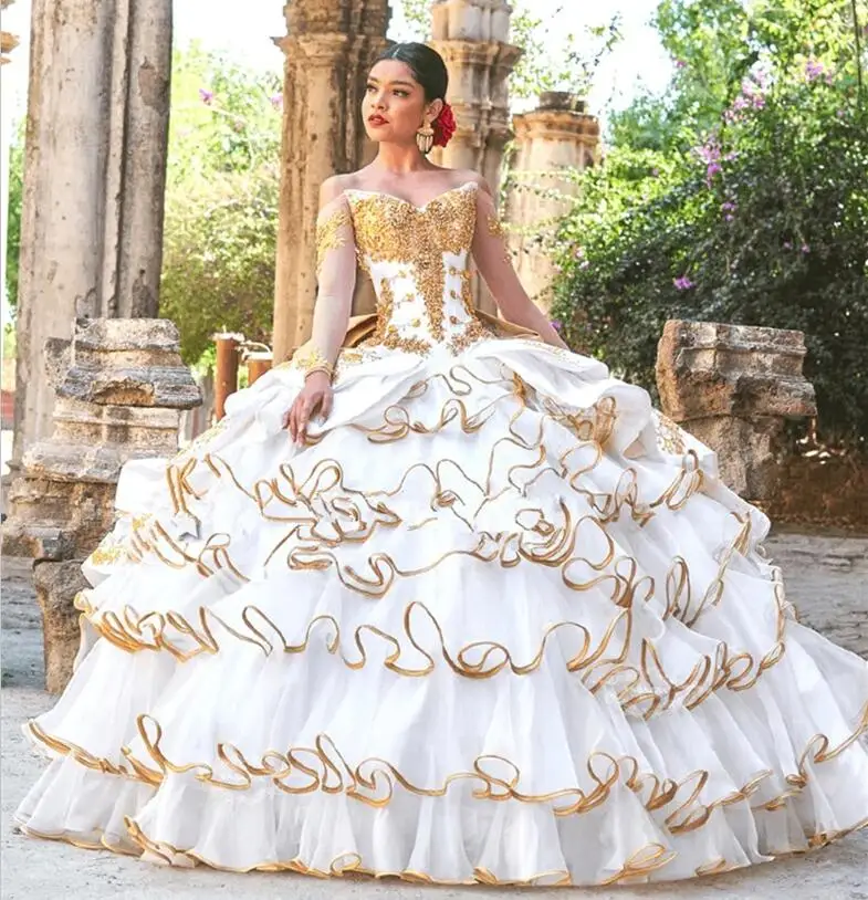 Charro Quinceanera Dresses Ball Gown Long Sleeves Tulle Appliques Mexican Sweet 16 Dresses 15 Anos Customized