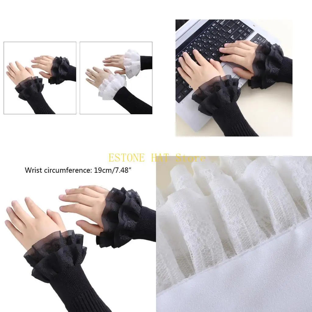 49MF Women Sweet Fake Sleeves Double Layer Lace Flared Cuffs Wrist Warmers