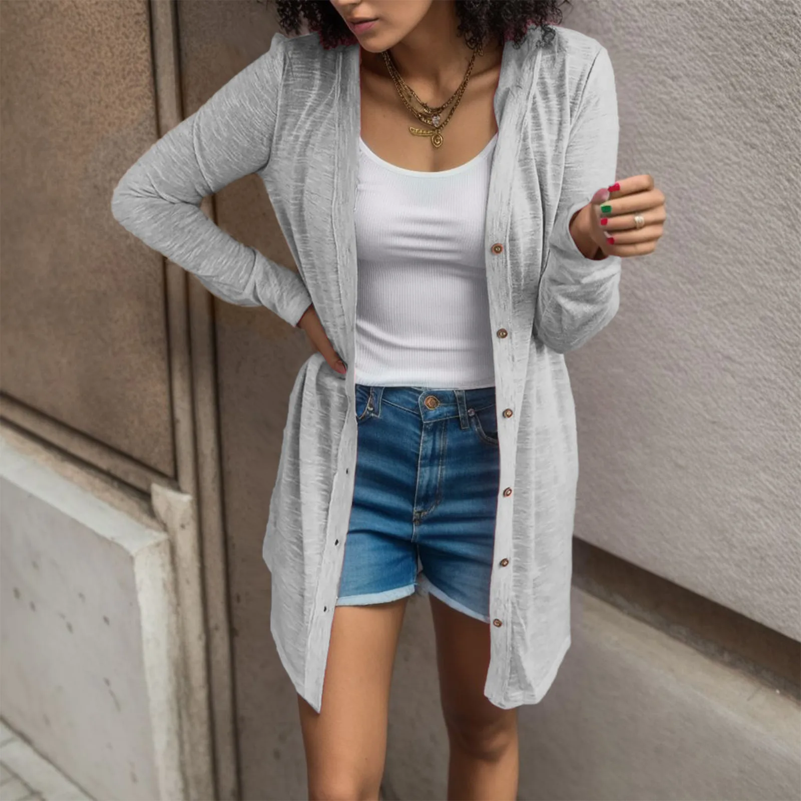 Plus Size Fashion Women Spring and Autumn Casual Tops Solid Color Long Sleeve Open Front Cardigan Coat Ladies Loose Blous