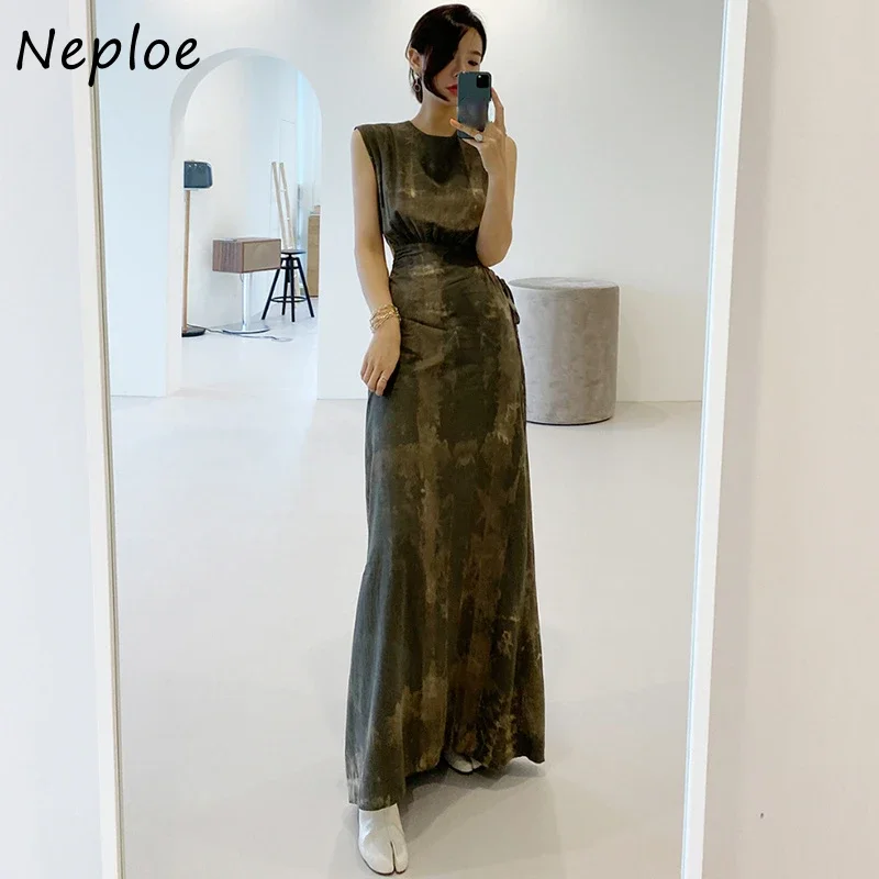 Neploe O Neck bez ramiączek sukienka bez ramiączek kobiety nadruk w stylu Vintage czeski wakacje Vestidos wysokiej talii Hip linia długa suknia