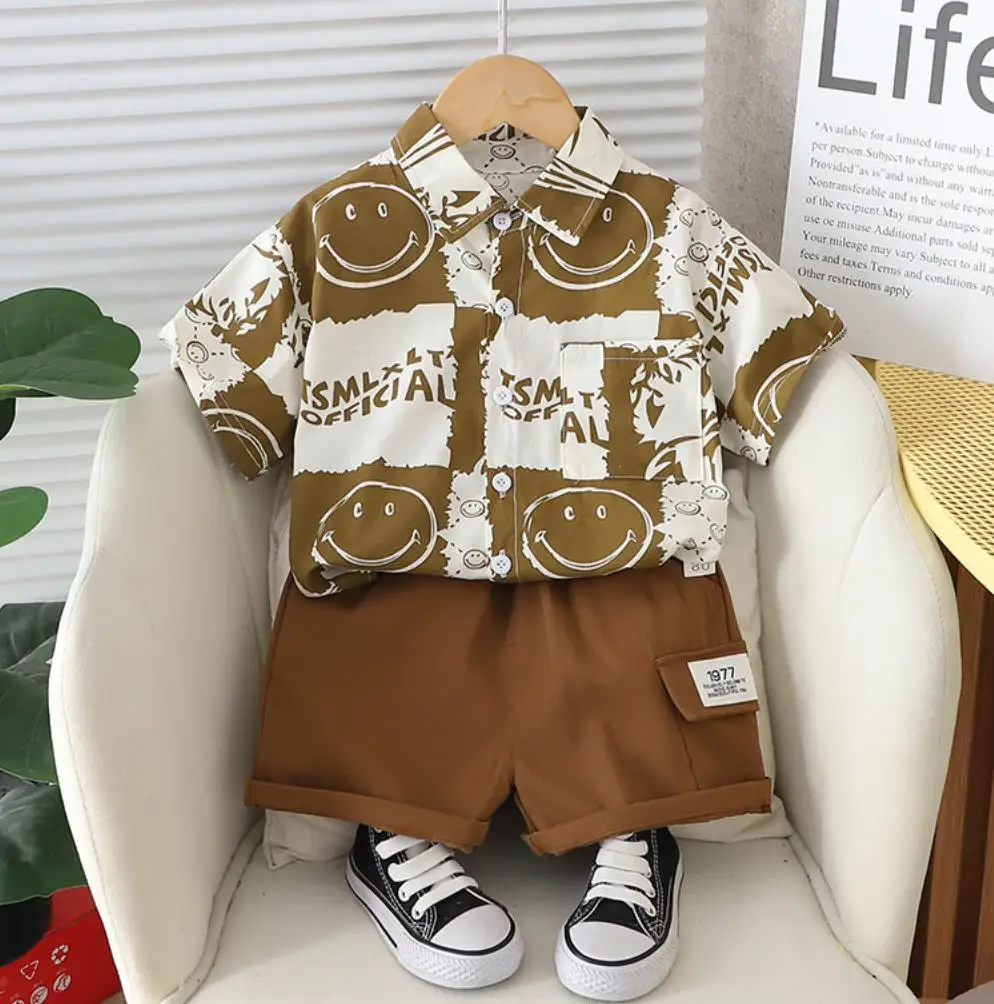 

Toddler Boys Tracksuits Summer Clothes for Baby Cartoon Printed Turn-down Collar Shirts Tops and Shorts Two Piece Outfits Set