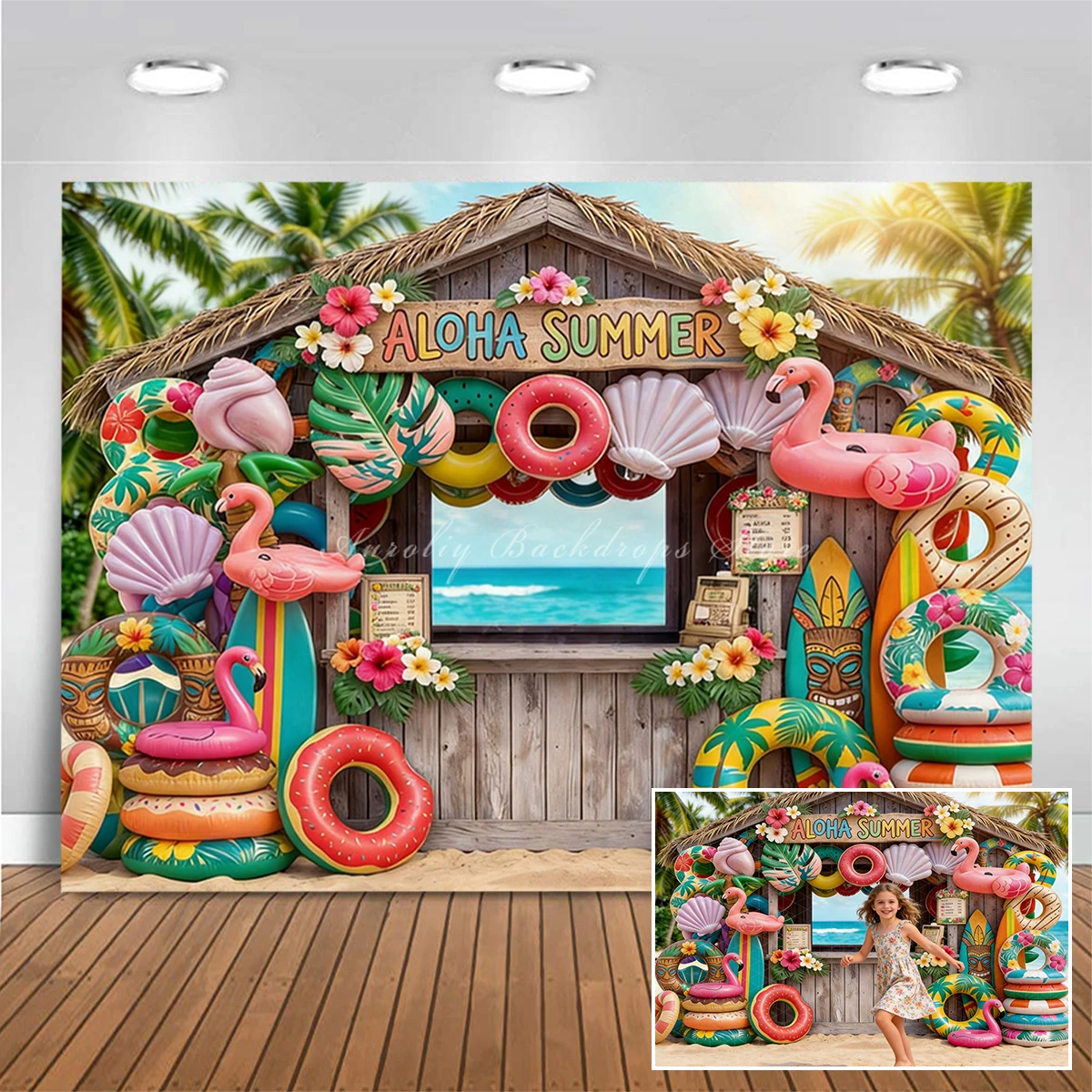 Aloha Sommer-Strandhütte mit tropischem Blumen-Hintergrund, Kuchen-Smash-Foto-Requisiten für Kinder und Babys, Fotostudio-Hintergrund für Erwachsene und Kinder