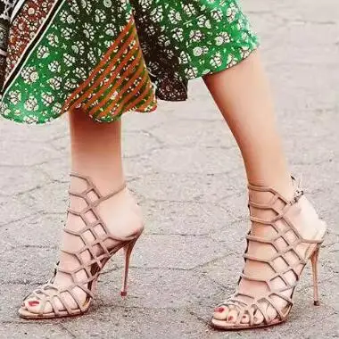 

Nude Red Black Suede Laser Hollow Out Cage Sandals Woman Stiletto Heel Sexy Party High Heel Dress Sandals Shoes Drop Shipping