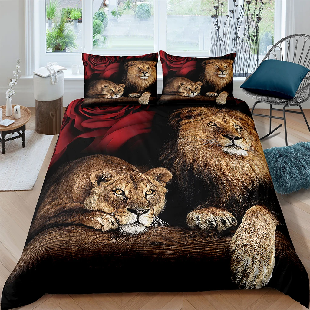 Bed Linen Sets Animal Lion Rose Flower Fashion Print Quilt Cover, Soft And Comfortable Duvet Cover Pillowcase, Set 2/3 Piece