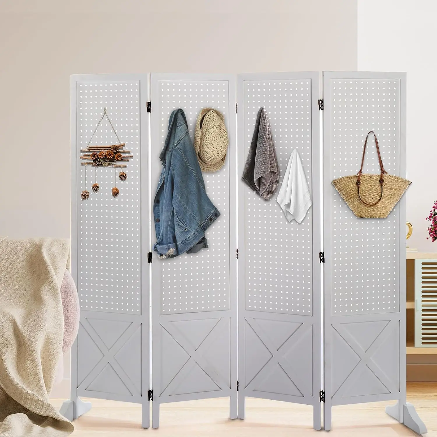 Freestanding Pegboard with Support Feet, 5 FT Wood Room Divider Display Board Organizer, Folding Privacy Screen, Customized