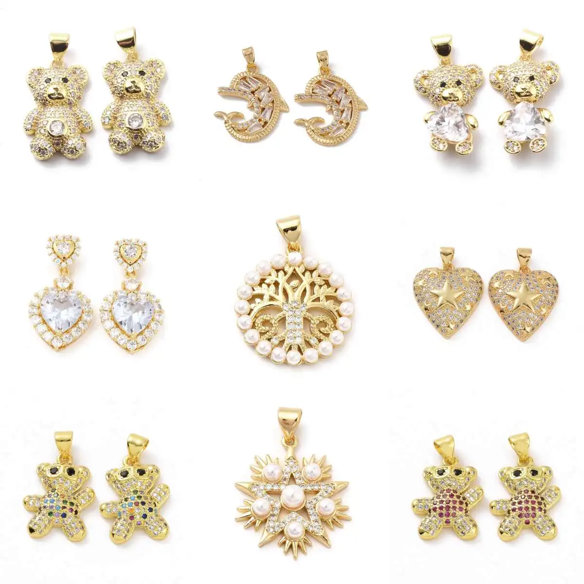 

5pcs Brass Cubic Zirconia Pendants, Heart Bear Fine Earrings Jewelry Accessories Golden