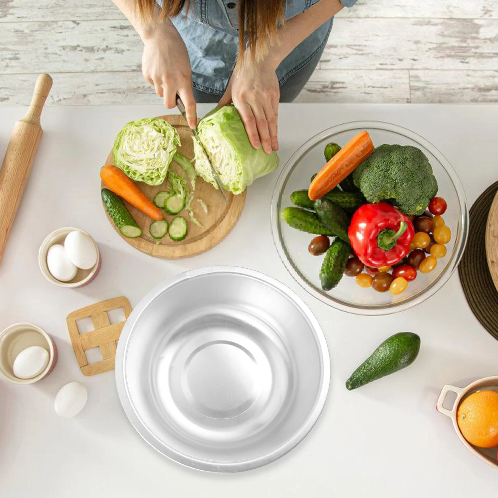 

Aluminum Basin 26cm Kitchen Wash Bowl Vegetable Fruit Salad Container Large Pans Smooth Surface Practical Metal