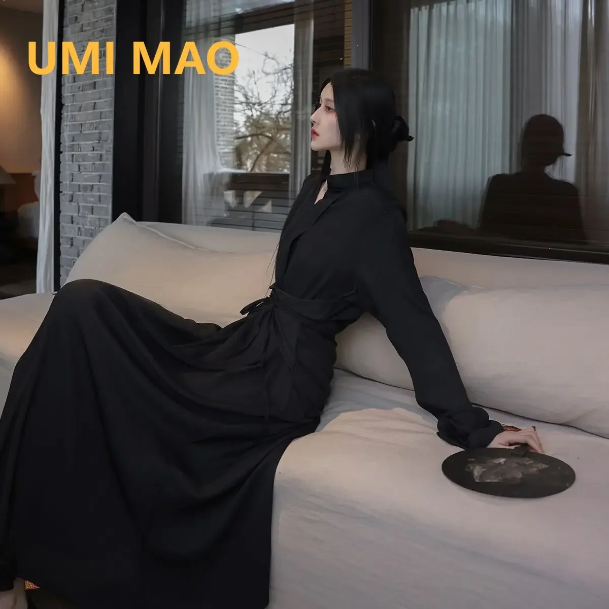 UMI MAO Mid Length Dress Elegant Chinese Style Stand Up Neck Flare Sleeves Wrap Waist Show Slim Black Drop Zen Dresses Women's