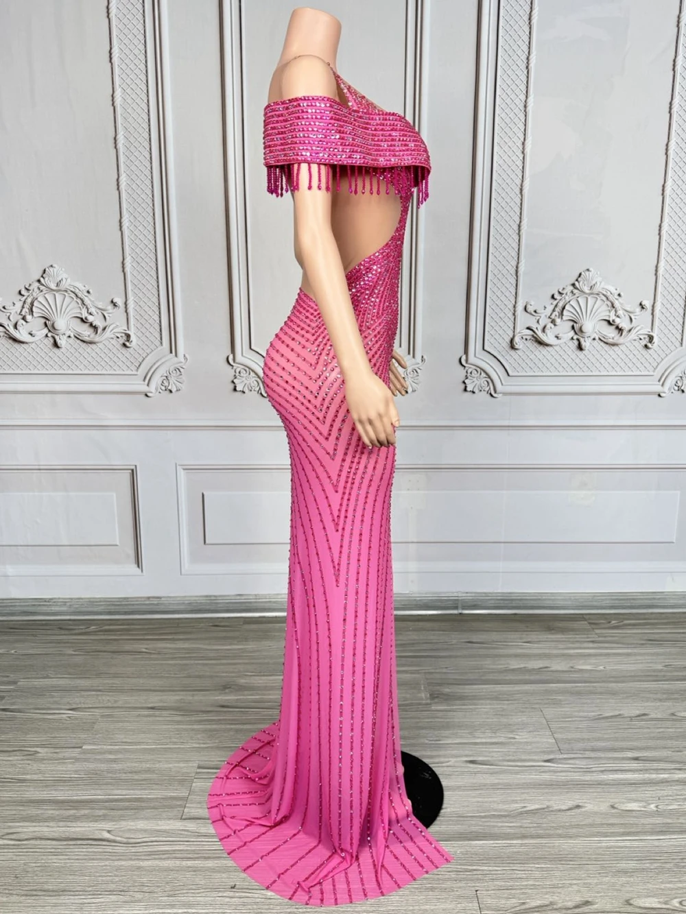 Elegancka długa sukienka z rozcięciem i dżetami dla kobiet, seksowna, siateczkowa, prześwitująca, wieczorowa, na studniówkę, urodziny, sesję zdjęciową.