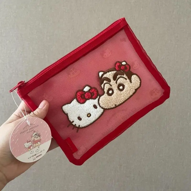 Sanrio Kawaii Crayon Shin-Chan Hellokitty Cosmetic Bag Coin Purse Storage Bag Mesh Pvc Transparent Cartoon Birthday Gift For Kid