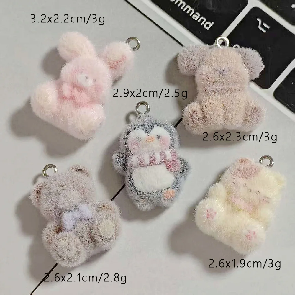50Pcs Flocked Kawaii Rabbit Dog Cat Resin Charms Cute Fluffy Animal Bear Penguin Pendants for DIY Keychain Jewelry Making