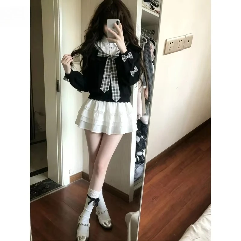 Vintage Naina Sweet Wind Long Sleeve Off Shoulder Top White Folded Half Skirt Japanese Y2k Harajuku Cute 2-piece Set  니트 스커트