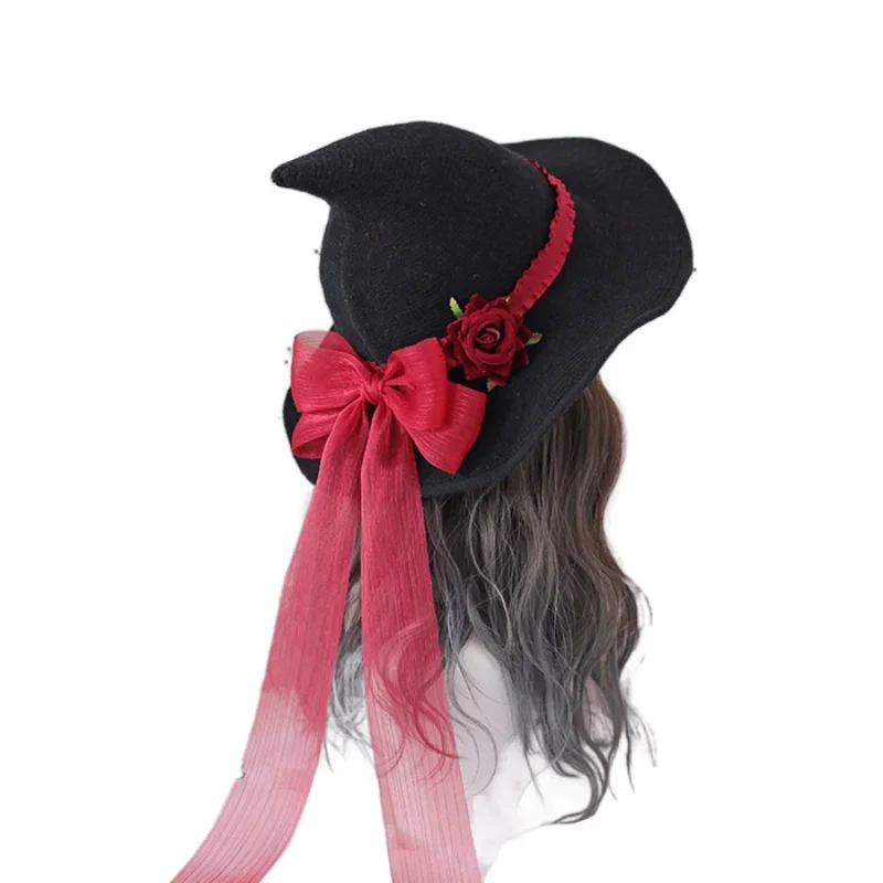 Halloween Cosplay Loli Rose Bowknot Witch Hat Headwear Trendy Sweet Pointed Hat Girls Hair Accessories for Women Party Jewelry