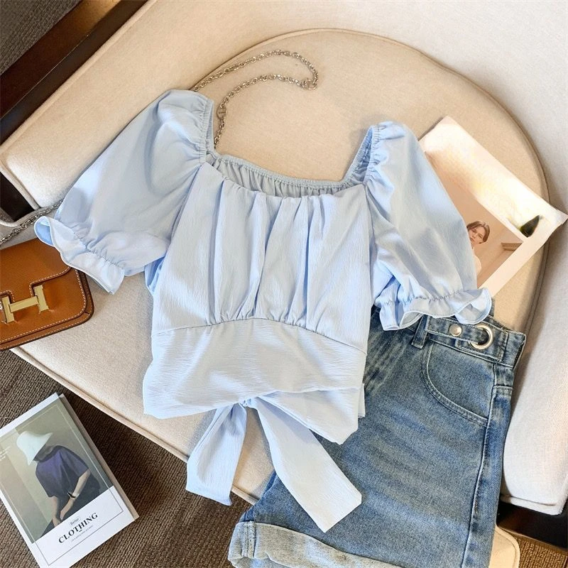 Blouses Women Irregular Temper Puff Sleeve Simple Crop Tops Hotsweet Summer All-match Gentle Aesthetic French Style Chic Females