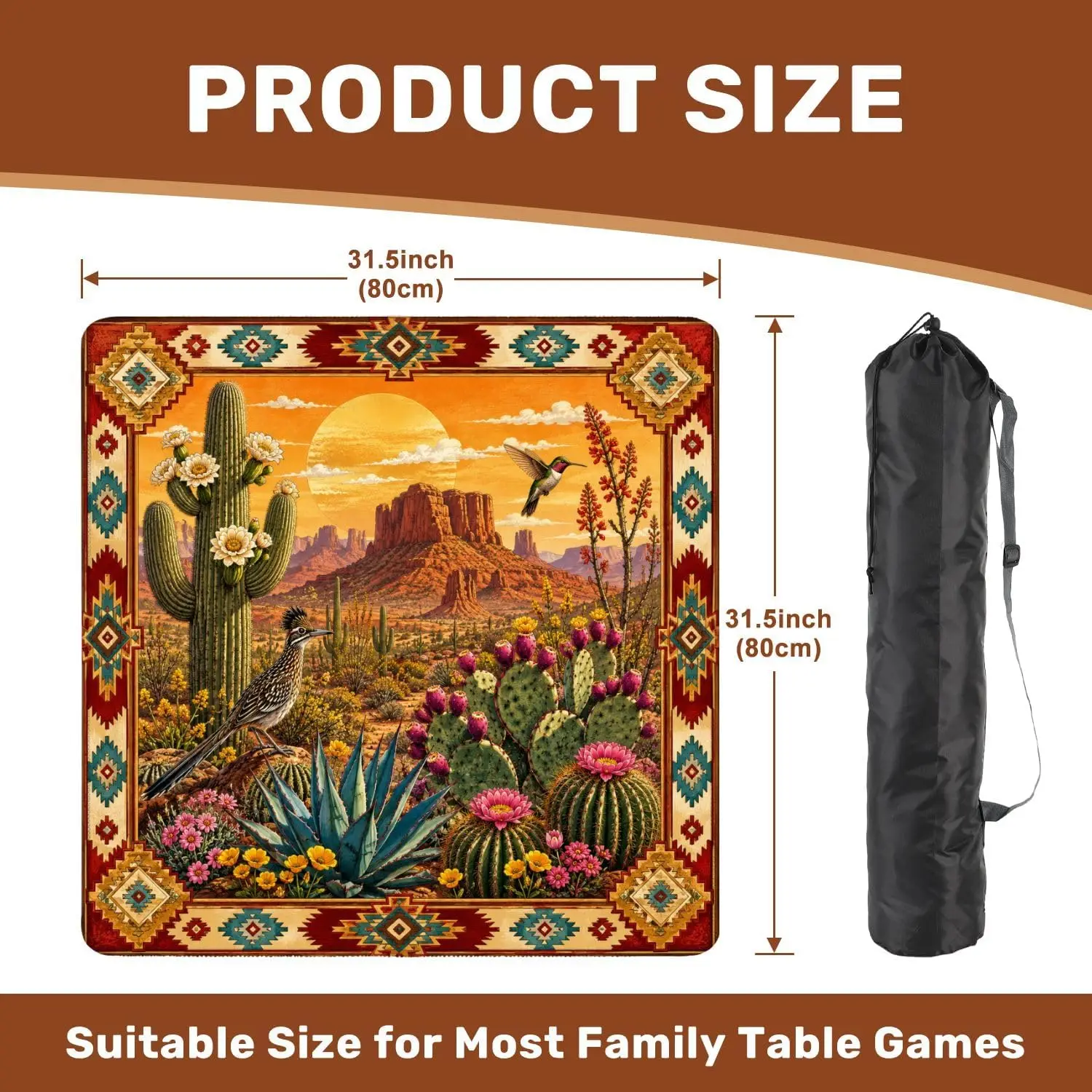3mm Neoprene Mahjong Mat Luxury 31.5 Inch Desert Cactus Geometric Ornate Border Non Slip Noise Reduction for Mahjong Games