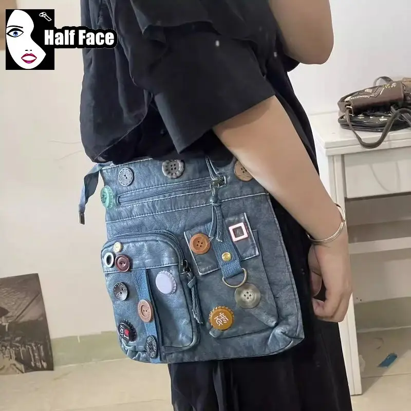 Y2K Spicy Girls Harajuku Women Retro Gothic Creative Buttons For Washed Denim Punk One Shoulder Lolita Design Crossbody Bag Tote