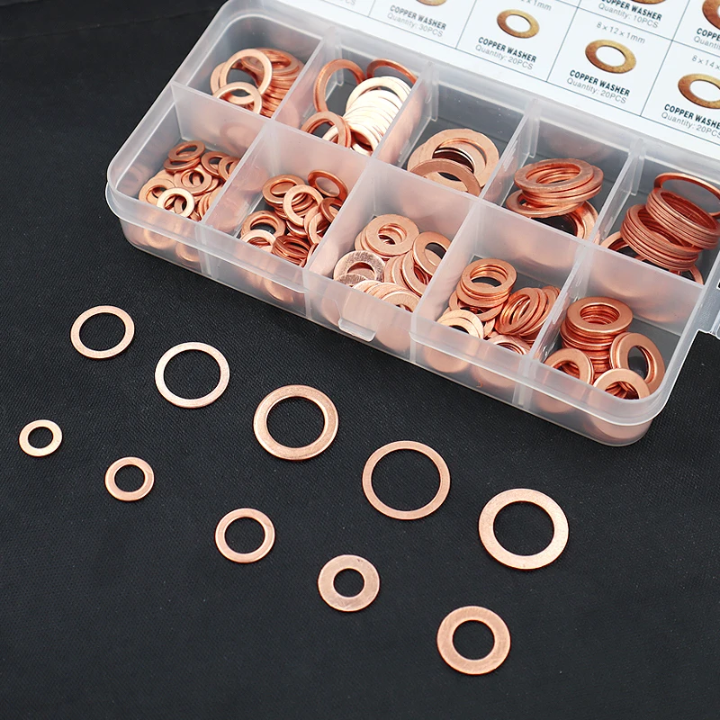 200pcs Copper Washer Gasket Nut & Bolt Set - Perfect For Sump Plugs - Includes Box & Assorted Sizes (M5/M6/M8/M10/M12/M14)