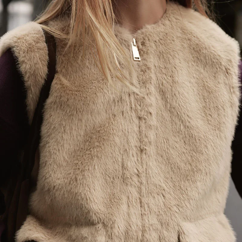 Nouveauté automne femmes gilet kets décoré effet fausse fourrure fermeture éclair ort vêtements d'extérieur trajet Sle Stand Fit dames manteau