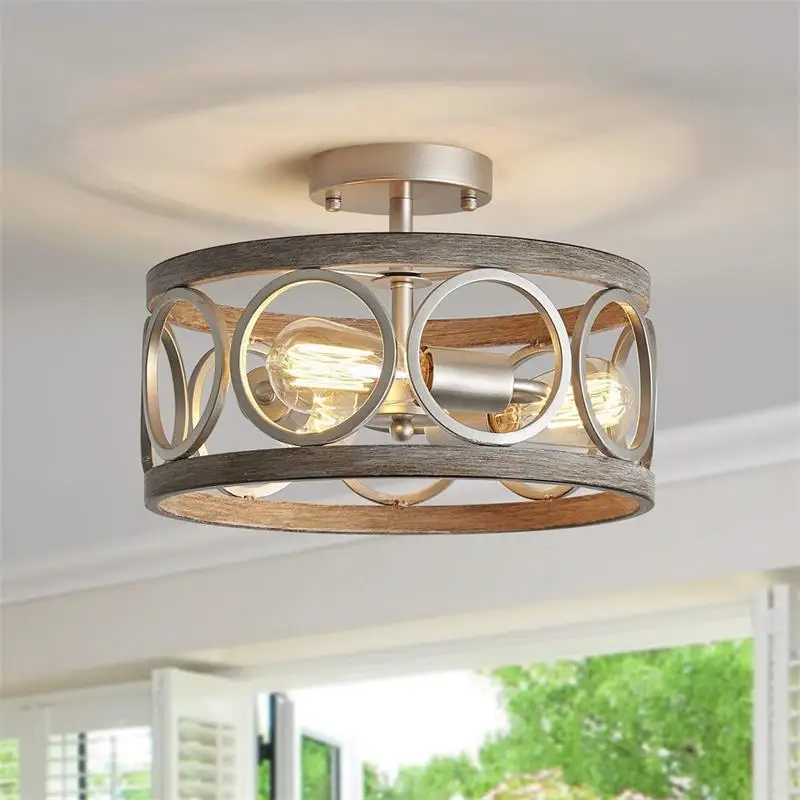 Bedroom ceiling lamp American country retro industrial style creative antique wood grain round dining room study living