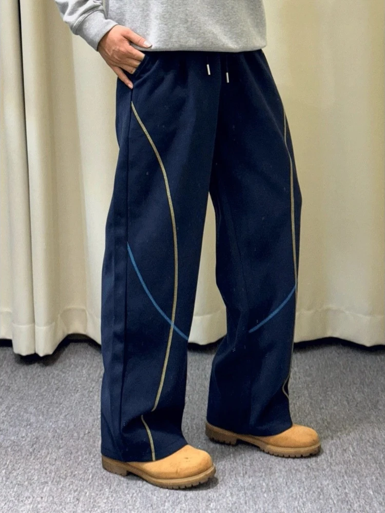 Men's Navy Blue Hasselblad Stitch American Style Wide Leg Sweatpants Fall Draped Straight Casual Pants