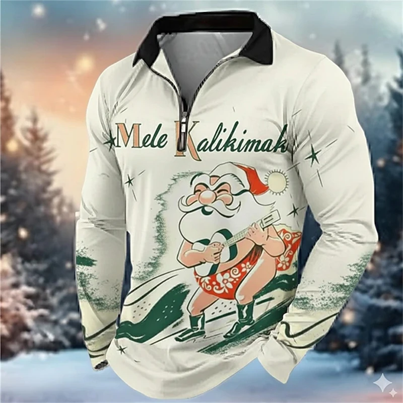 Christmas-Themed Men's Loose-Fit Breathable Polo Shirt 3D Custom Santa Claus Pattern Casual Top Stylish Men's Zipper Shirt