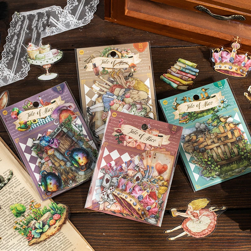 JIANWU Alice Story Series Vintage Fairy Tale Character Flower Landscaping PET Sticker Creative DIY Journal Collage Stationery