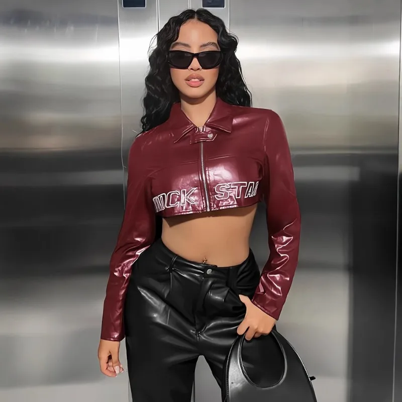 Women's Autumn/Winter Top Coat Imitation Leather Lapel Zipper Patchwork Solid Color Retro Casual Design Fashion Niche Versatile