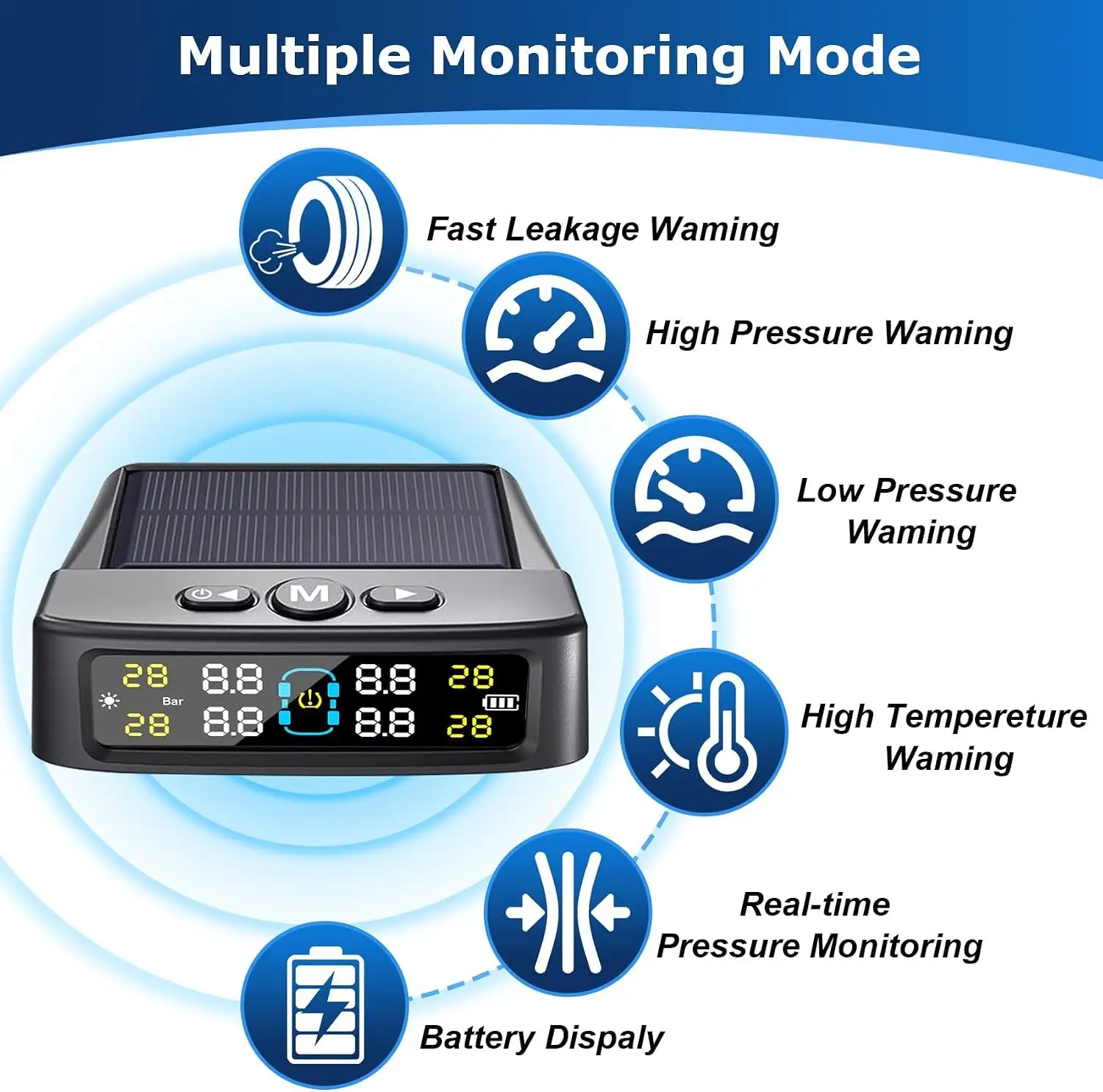 Tire Pressure Monitoring System, Universal Wireless Solar Tire Pressure Monitoring System TPMS External Sensor, Auto And Color Display Screens, Suitable For 4-Wheeled Vehicles,Can Accurately Detect Tire Pressure