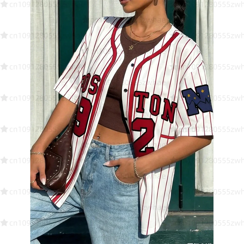 2026 Summer New Casual Sports Street Style Boston 92 Letter Contrast Stripe British Printed Button Hip Hop Short Sleeve Shirt