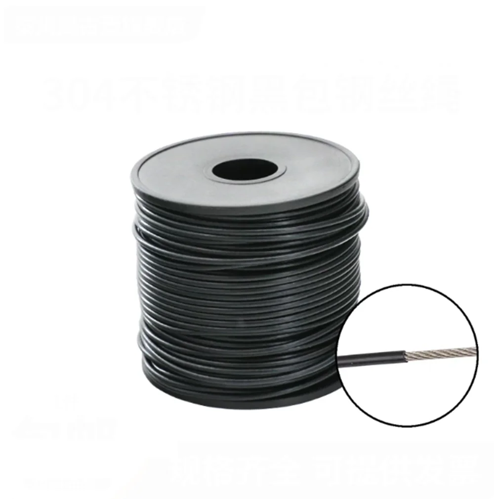 7 * 7 Structure 304 Stainless Steel Black Plastic Coated Steel Wire Rope Diameter After Coating 1mm 1.2mm 1.5mm 2mm