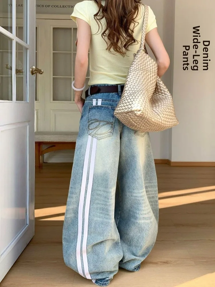 

Retro American Style Distressed Denim Pants High Waist Wide Leg Patchwork Whisker Bend Knife Design for Women Spring 2026