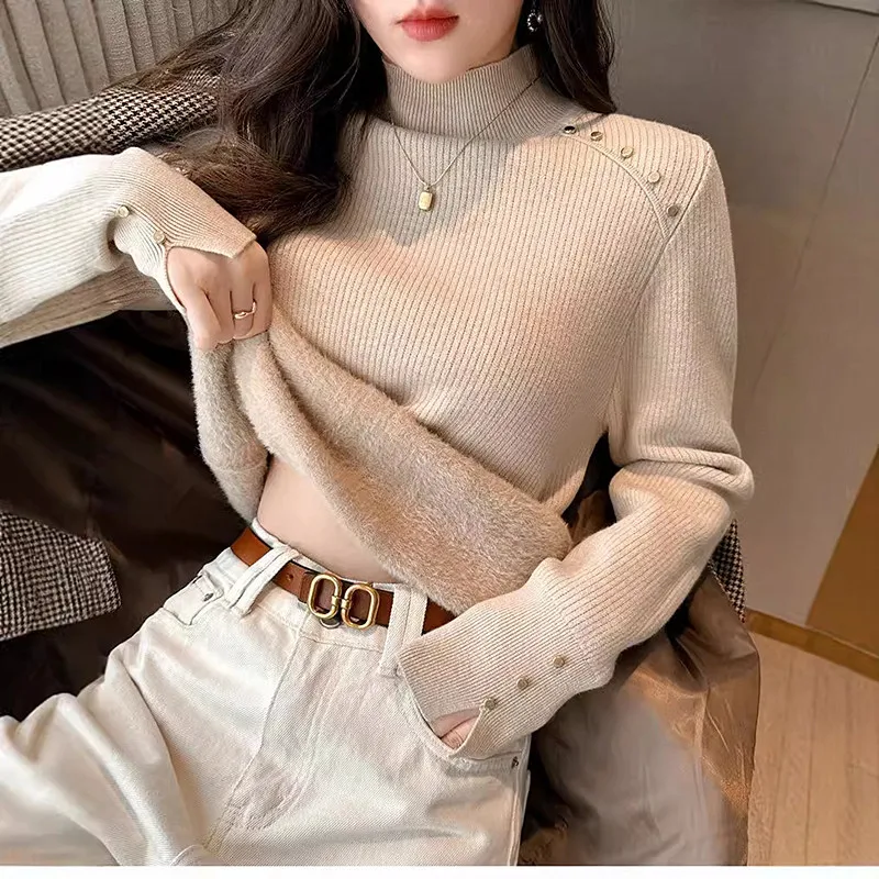 

Autumn Winter Warm Pullover Top Female Pull Bottoming Wear Shirt Knitted Woman Clothing New Thicken Velvet Sweater Blouse