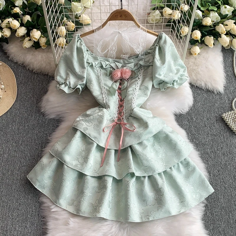

Elegant Square Neck Bubble Sleeve Dress Women's Straps Cinched Waist Princess Lolita Cake Skirt