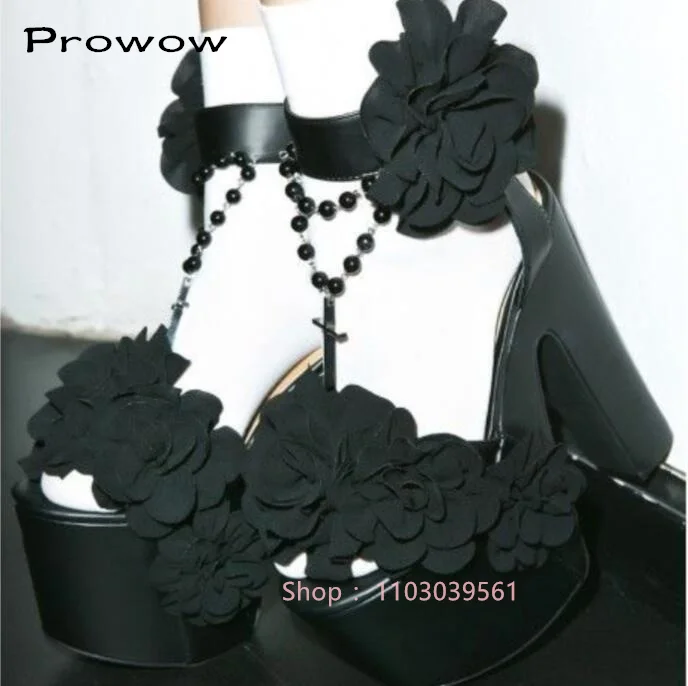 Lady gothic style black 3D-flower design platform sandals open toe peal chian design chunky heel pumps high heesl