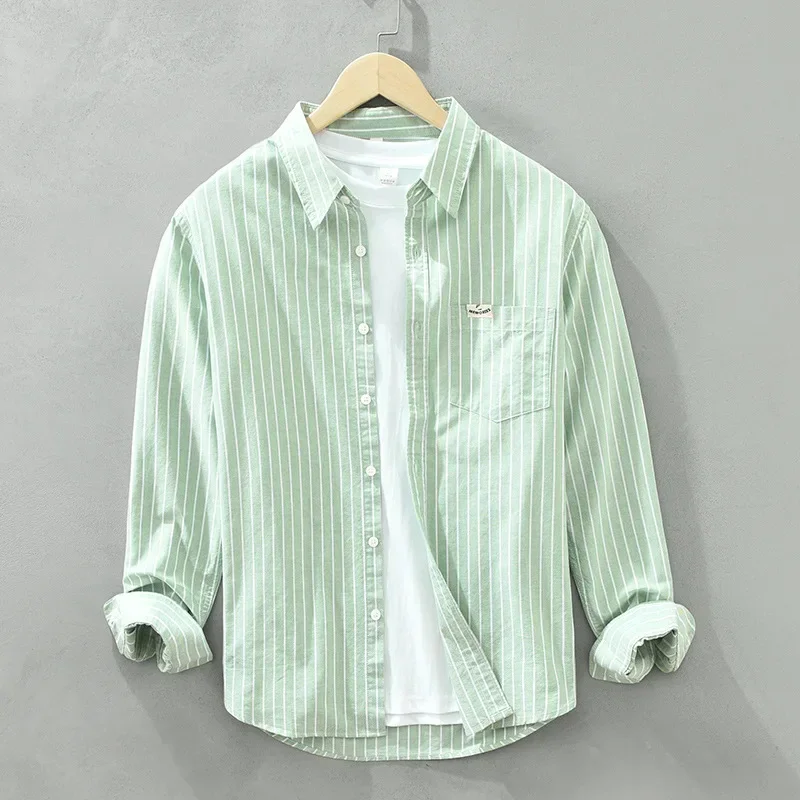 

Spring Summer Fresh Striped Shirt Men Long Sleeve Daily Casual Man Shirts Lapel Oxford Pure Cotton Shirts Korean Style Clothing