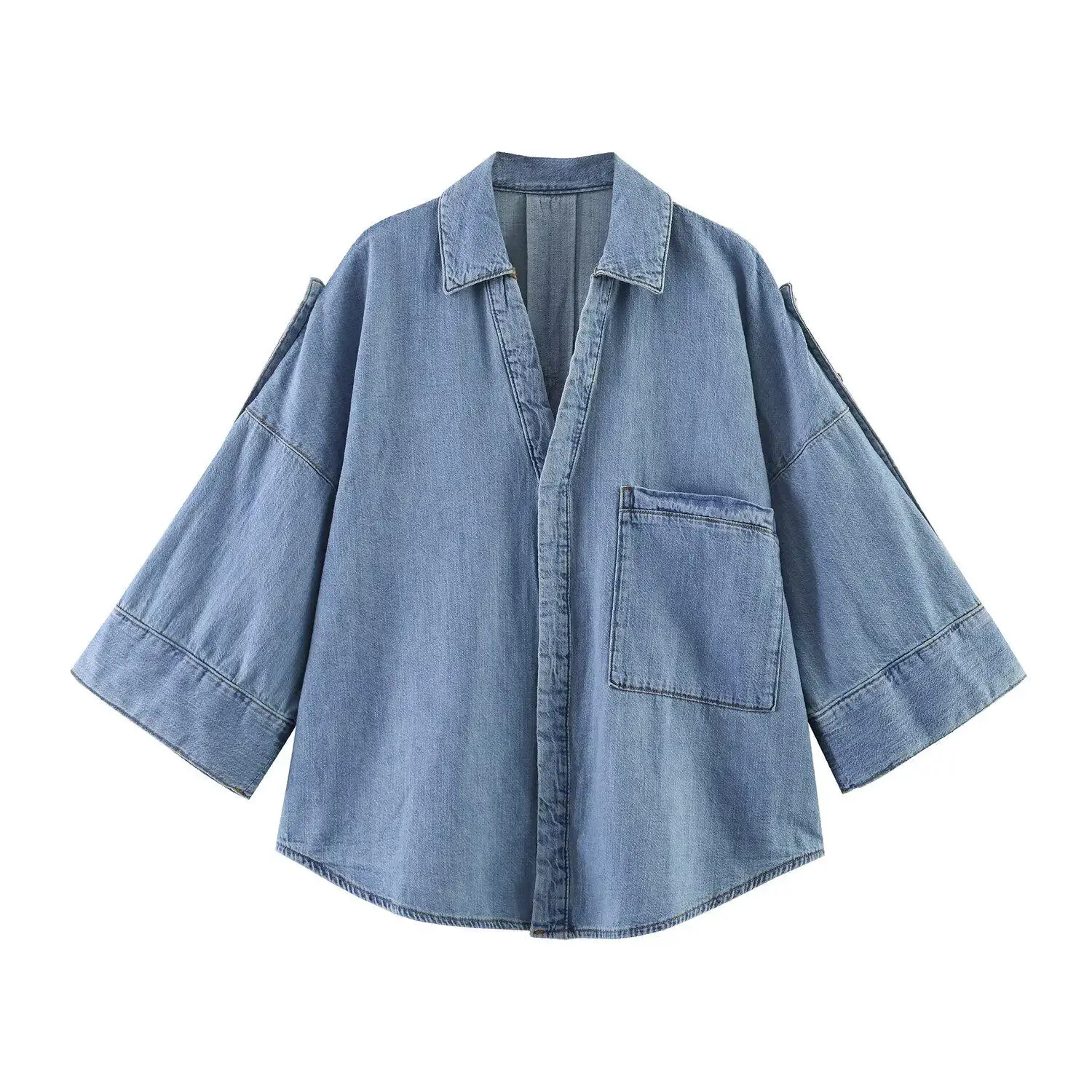 

Oversized Light Blue Denim Shirt for Women Three Quarter Sleeve V-Neck Washed Jean Top with Chest Pocket Casual Lapel Coat