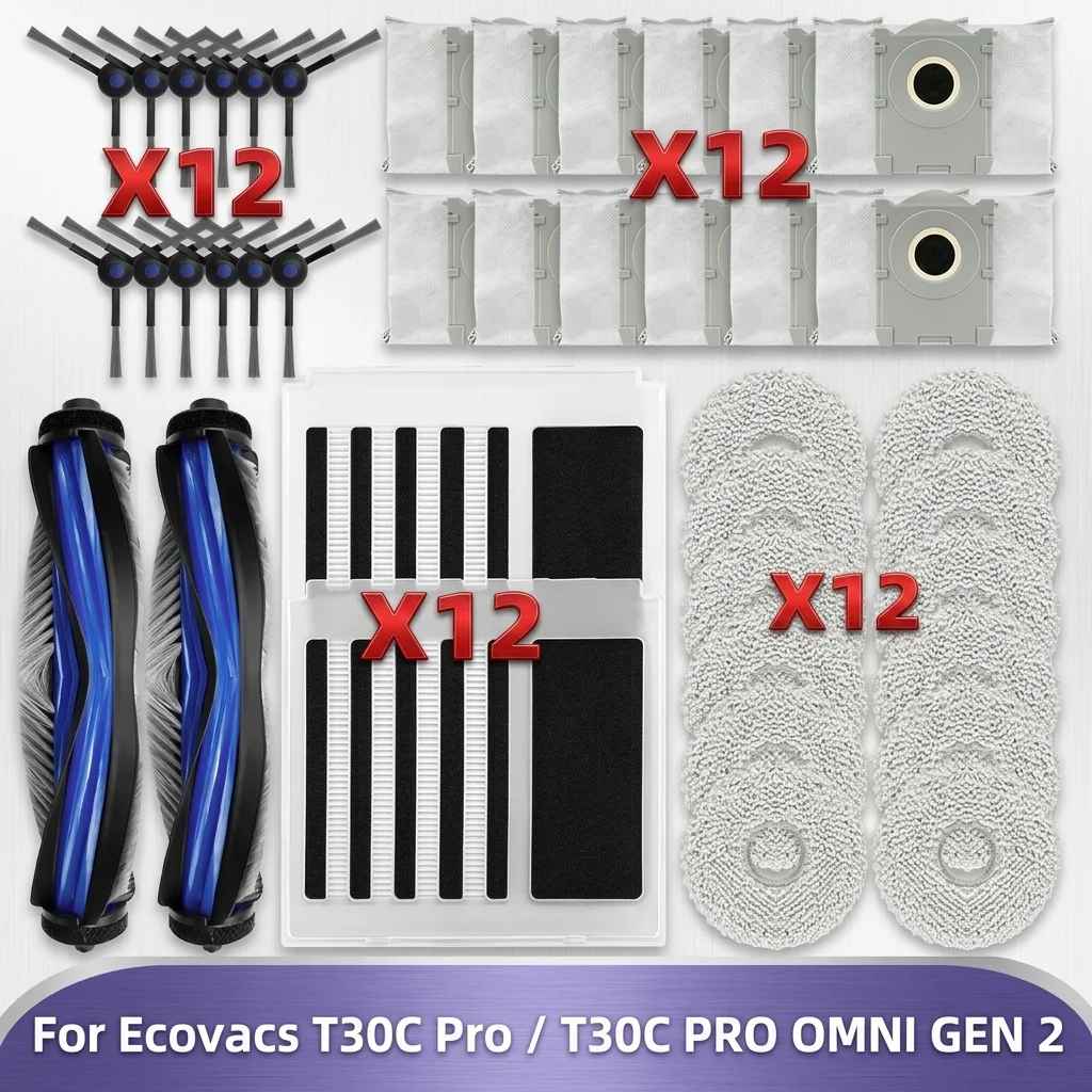 Kompatibel für Ecovacs Deeboot T30C PRO / T30C PRO OMNI GEN2 Staubsauger Ersatzteile Hauptrollenbürste Seitenbürste HEPA-Filter Wischtuch Staubbeutel