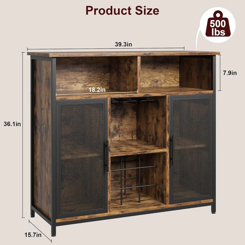 Coffee Bar Cabinet, Industrial Buffet Storage Cabinet with Mesh Doors and Adjustable Shelves, Sideboard Buffet Table for Kitchen