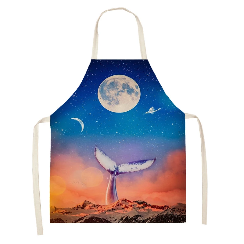 Women's kitchen apron oil painting style Restaurant chef barber Waterproof apron for menand child painting ocean shark 55×68cm