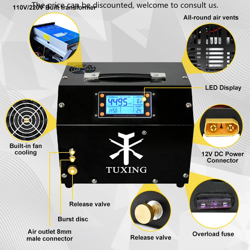 

TUXING Easy Operate Digital Display Auto-Stop Fast Inflation 4500psi/300bar/30mpa Portable DC Power 12V PCP Air Compressor