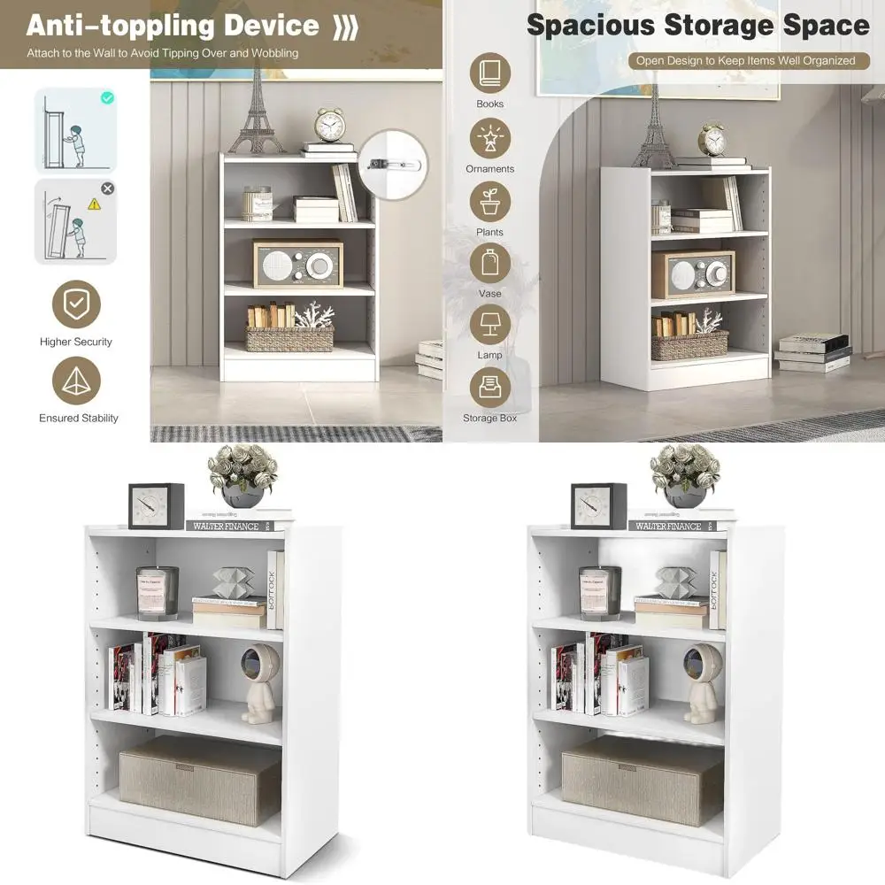 

Трехуровневая открытая книжная полка с 18 регулируемыми полками и защитой от опрокидывания для хранения вещей в домашнем офисе или гостиной