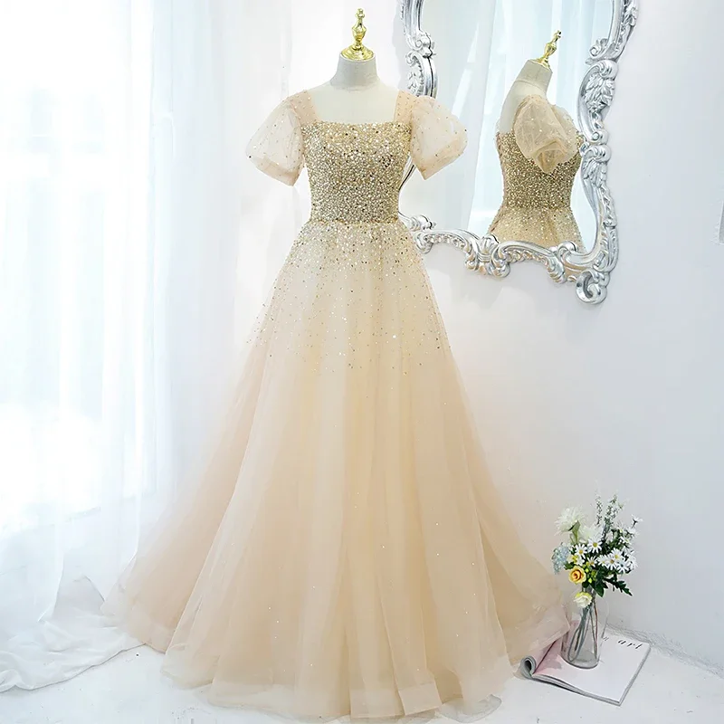 

Customized Evening Dress Champagne Tulle Beads Square Collar Short Sleeves A-line Floor Length Plus size Woman Party Formal Gown