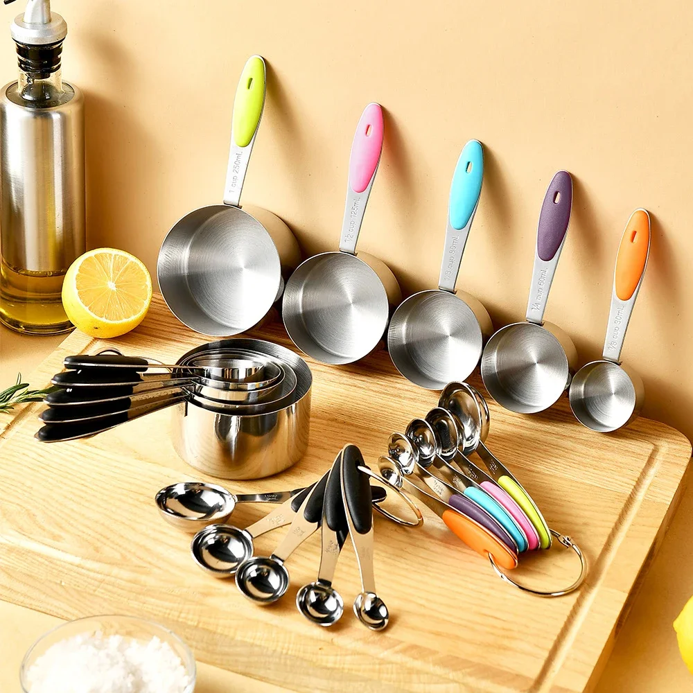 

5/10 шт., серебряные мерные чашки и набор ложек, мерный стакан из нержавеющей стали, кухонная мерная ложка, совок для выпечки