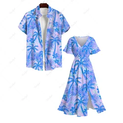 S-3XL Women's Dresses And Men's Plus Size Matching Hawaii Beach Outfit For Couples Coconut Tree Flowers Printed