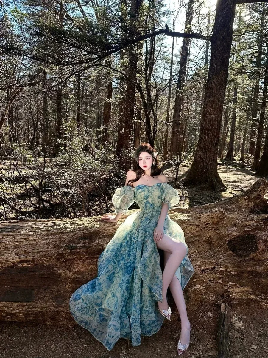 Vestido largo Retro de princesa Palacio para mujer, vestido largo con mangas abullonadas y cuello cuadrado con volantes y estampado de tinta azul, vestido de baile, vestido de fiesta de hadas para niña Mori