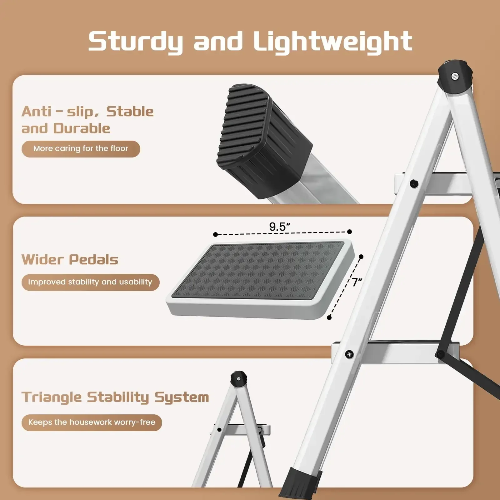 2 Step Ladder, Adult Folding Step Stool, 330 lbs Weight Capacity, Portable Lightweight Sturdy Steel Ladder, Wide Non-slip Steps