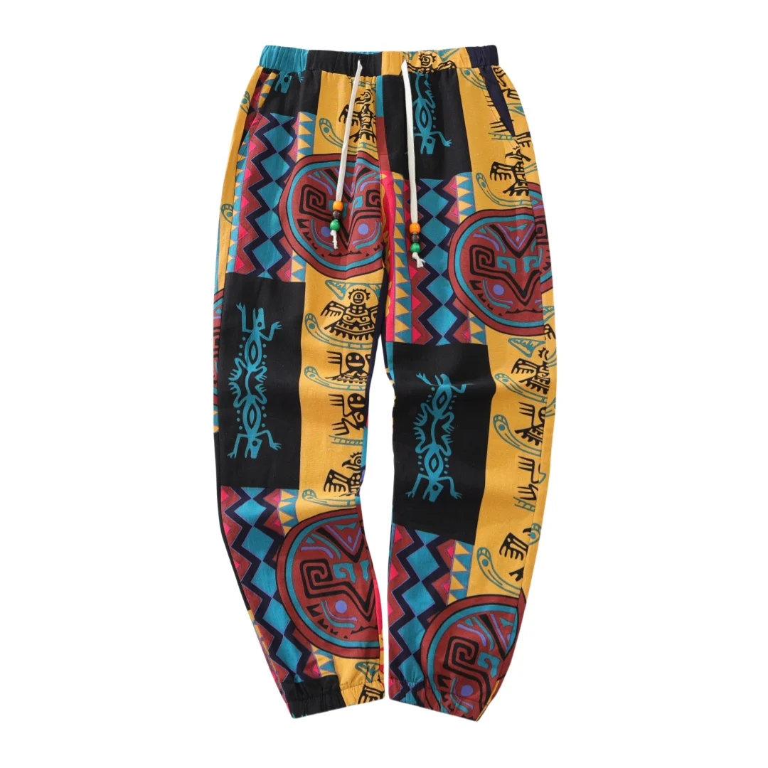 Męskie spodnie Boho Tribal Print Stretch Linen Pnats Cotton Blend Drawstring LightWeight Trousers with Pockets Summer Jogger Pants