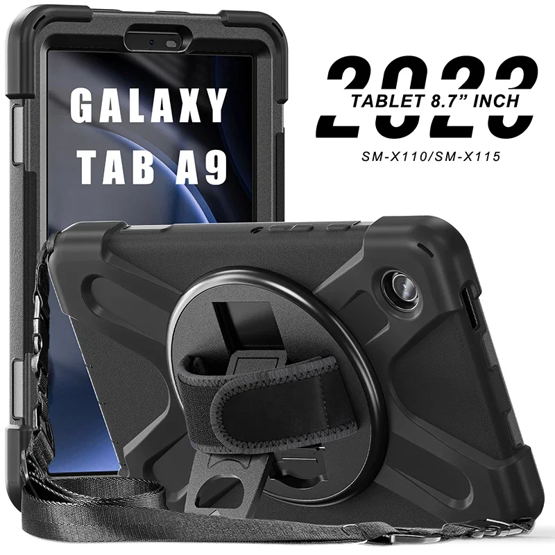 Case For Samsung Galaxy Tab А9 8.7 inch X110 X115 Tablet Case Kickstand Holder Hand Shoulder Strap 360 Rotation Protective Cover